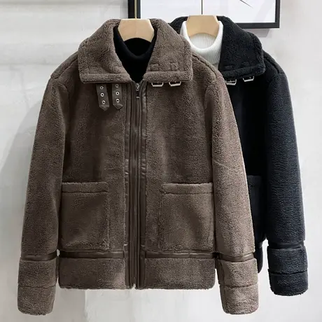 皮毛一体翻领仿羊羔绒外套男2023冬季新款潮流休闲保暖棉衣男夹克图片