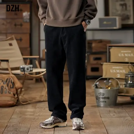 男士黑色灯芯绒裤子男春秋季宽松运动裤2024新款直筒休闲裤阔腿裤商品大图