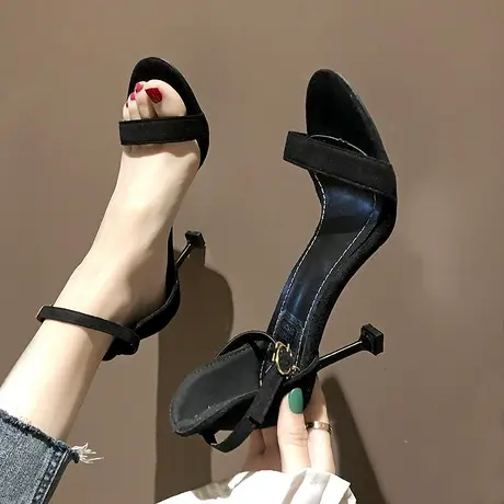 2023新款黑色露趾一字带扣细跟凉鞋女仙女风夏网红细带百搭高跟鞋商品大图