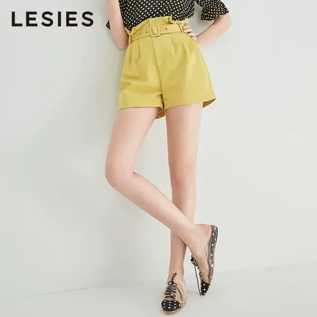 蓝色倾情夏装新款女装 黄色高腰系带百搭短裤女宽松纯棉直筒裤商品大图