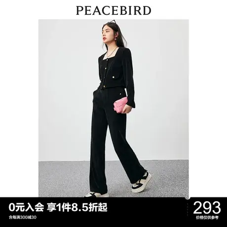 太平鸟灯芯绒阔腿裤女高腰休闲裤年秋季新款针织黑色直筒长裤图片