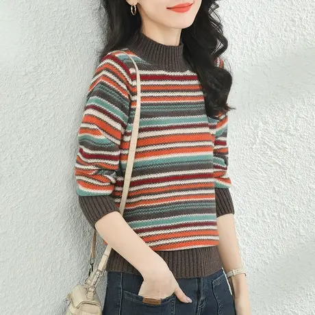 韩潮袭人半高领民族条纹套头毛衣女2023冬新款打底衫针织衫图片