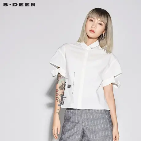 sdeer圣迪奥女装趣味休闲翻领绣线装饰短袖衬衫S18280425图片