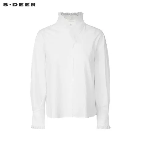 sdeer圣迪奥女装22新款立领莱斯花边不规则白色少女衬衫S221Z0531图片