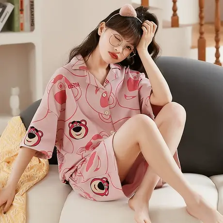 北极绒睡衣女夏开衫短袖短裤可外穿2022年新款可爱学生大码家居服商品大图