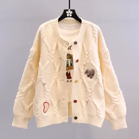 复古日系爱心刺绣毛衣外套女秋冬2023新款宽松慵懒风外穿针织开衫商品大图