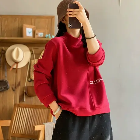 dza 复古加厚双面摇粒绒刺绣高领卫衣女秋冬内搭宽松休闲拼接上衣商品大图