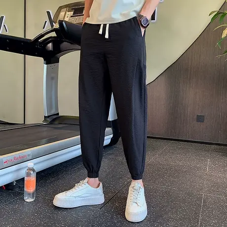 新款高级薄款潮流百搭休闲凉爽九分束脚束腿裤晾感纯色抽绳九分裤商品大图