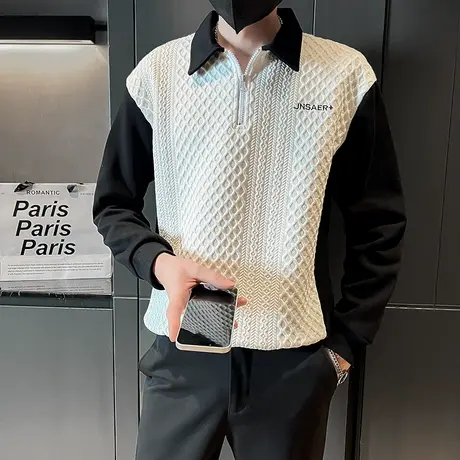 潮牌假两件POLO卫衣男秋装新款半拉链翻领ins拼接小众长袖t恤上衣商品大图