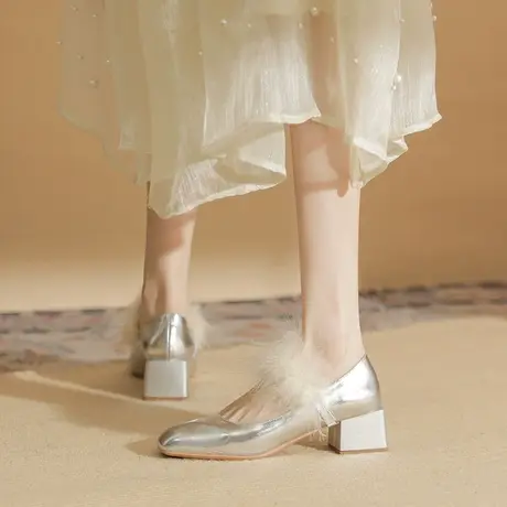 法式毛毛高跟鞋女2024新款春秋小香风方头粗跟单鞋仙女风玛丽珍鞋图片