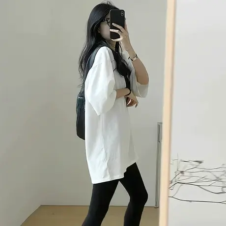 纯棉白色t恤女短袖2024年新款夏季宽松大码中长款配鲨鱼裤的上衣商品大图