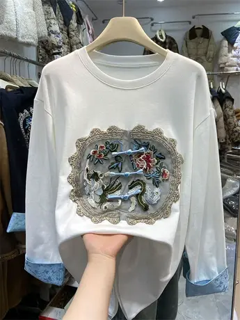 新中式国风重工刺绣长袖t恤女早春欧货女装慵懒风洋气打底衫上衣图片