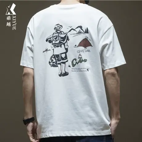 2024春夏男士短袖T恤美式百搭宽松大码休闲打底纯棉旅游印花体恤商品大图