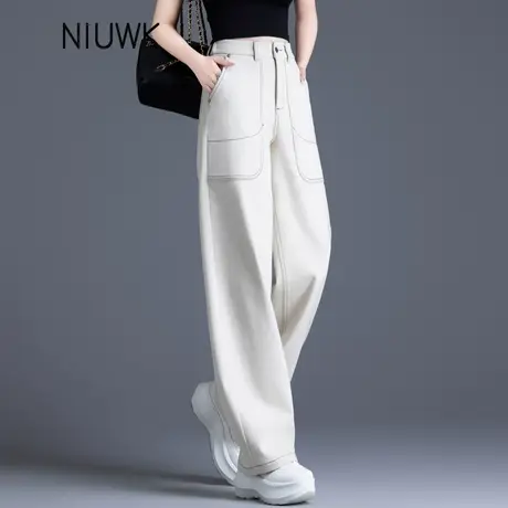 米白色裤子女2025新款春秋季工装裤宽松休闲直筒裤后松紧腰阔腿裤商品大图