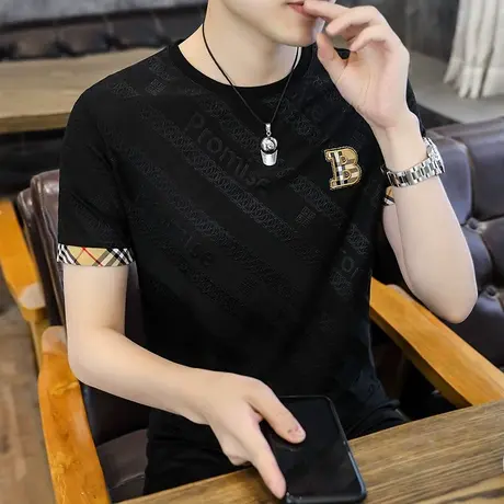 夏季圆领烫钻刺绣打底衫时尚潮流修身男短袖T恤弹力上衣服爸爸装商品大图