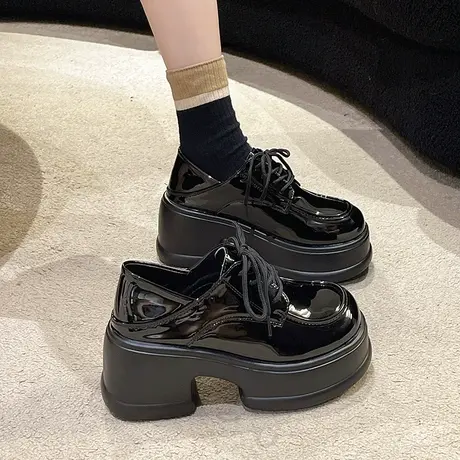 小皮鞋女2024新款女鞋春季英伦风单鞋女款玛丽珍鞋粗跟黑色高跟鞋图片