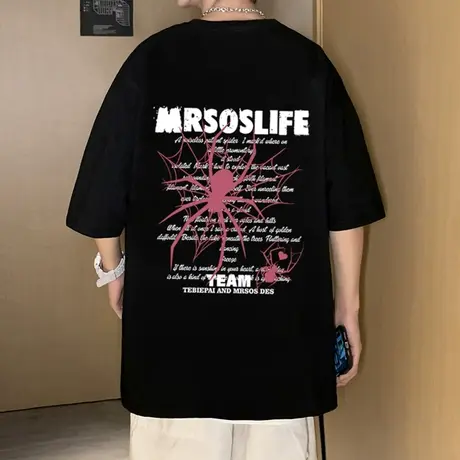 短袖t恤男2024新款潮牌蜘蛛字母纯棉重磅圆领半袖男装港风体恤衫商品大图