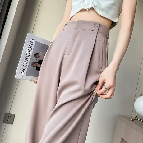 粉色冰丝阔腿西装裤女2024春夏新款设计感压褶高腰宽松垂感休闲裤图片