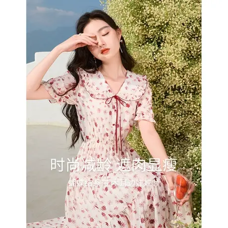 【直播间】香影减龄娃娃领连衣裙女夏2024新款红色雪纺裙子高腰裙图片