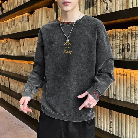 复古牛仔卫衣男士春秋冬季新款潮牌休闲打底衫男装上衣服爆款长袖商品大图