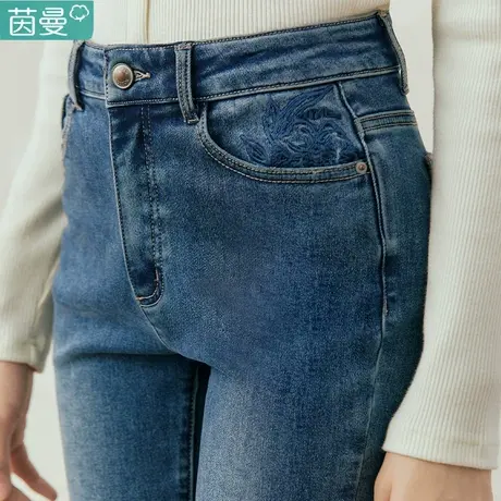 茵曼微喇叭牛仔裤女装2024新款春秋显瘦九分加厚修身长裤子秋款图片