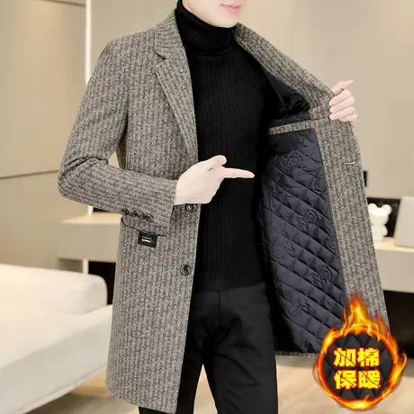 男士加棉加厚毛呢格子大衣外套秋冬季男装韩版帅气中长款呢子风衣商品大图