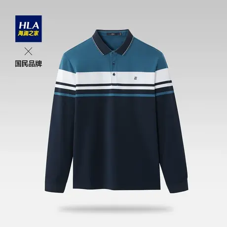 HLA/海澜之家条纹撞色翻领长袖POLO衫2021秋季新款高端微弹上衣男商品大图
