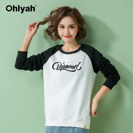 Ohlyah品牌卫衣女宽松圆领纯棉插肩拼接长袖白色圆领学生班服定制商品大图