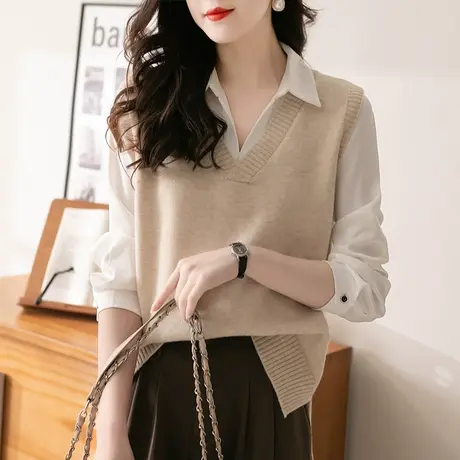 开叉下摆洋气V领针织马甲背心女秋装2023年宽松显瘦坎肩外搭马夹商品大图