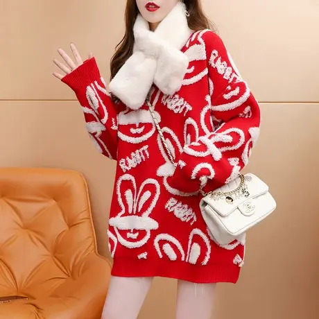 网红红色毛衣女2023年新款秋冬洋气减龄宽松设计感加厚慵懒风上衣商品大图