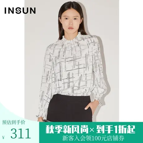 恩裳COVER春秋季时尚泡泡纱肌理感印花灯笼袖通勤百搭衬衫图片