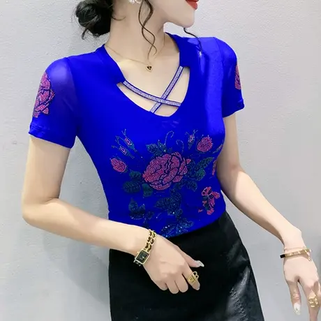 重工烫钻V领T恤女短袖夏季性感网纱小衫时尚百搭气质修身上衣体恤商品大图