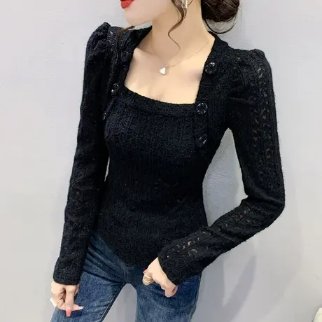 欧货性感蕾丝衫女春秋长袖时尚方领洋气上衣名媛气质百搭打底衫潮商品大图