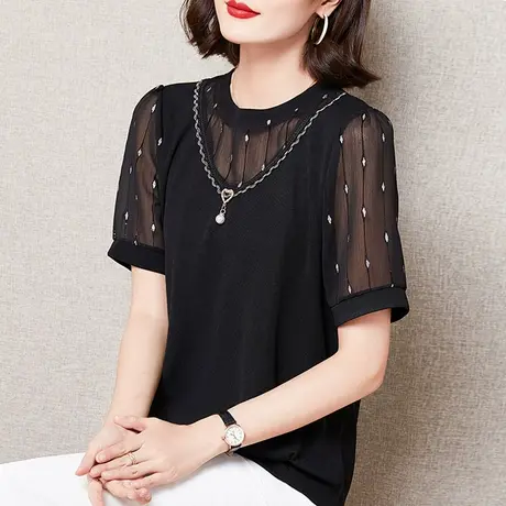 短袖t恤女2023年新款夏装网纱上衣大码雪纺衫高档洋气妈妈V领小衫商品大图