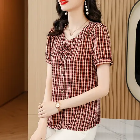 2023夏季新款韩版时尚气质t恤女套头圆领洋气短袖格子衬衫上衣潮商品大图