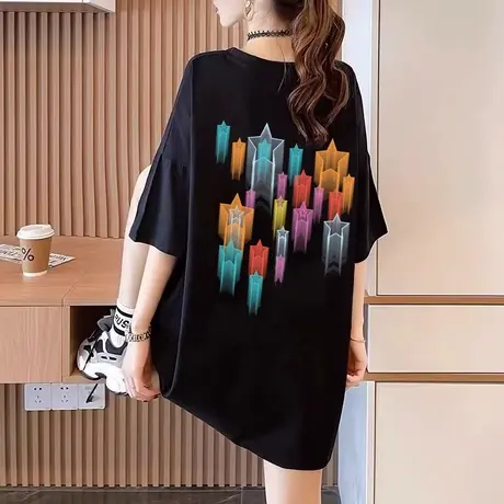 纯棉短袖t恤女2023新款夏季设计感小众美式复古中长款遮屁股上衣商品大图