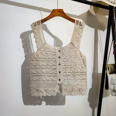 镂空勾花针织吊带背心女夏季新款法式复古设计感小众无袖上衣外搭商品大图