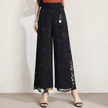 双层开叉阔腿裤女夏季2023新款宽松垂感印花雪纺长裤小个子休闲裤商品大图