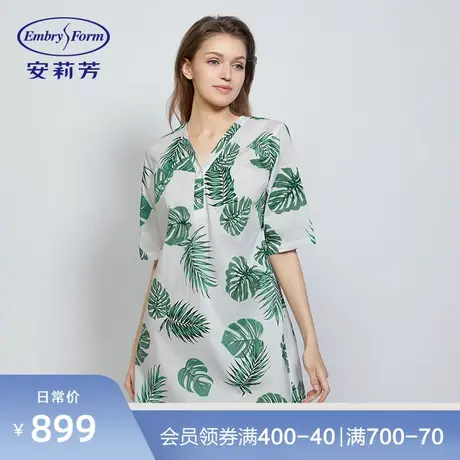 安莉芳针织棉薄款v领印花睡裙女夏季五分袖休闲宽松家居裙EL00597商品大图
