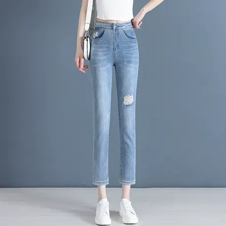 小脚牛仔裤女早秋时尚破洞修身九分铅笔裤小个子弹力大码烟管裤潮图片