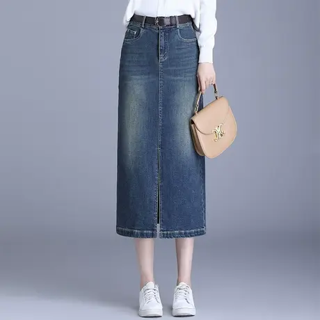 开叉牛仔半身裙女过膝中长款春秋2023年新款高腰宽松直筒包臀裙子图片