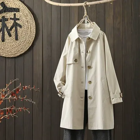 枫谜2021年秋装新款韩版中长款风衣女宽松全棉西装领单排扣外套图片