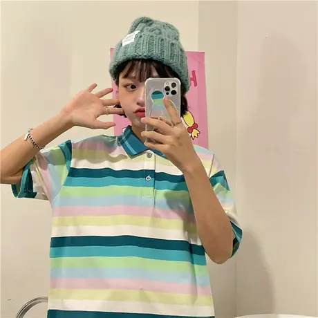 红续撞色条纹polo短袖T恤女小众设计宽松纯棉半袖2023年春夏新款图片