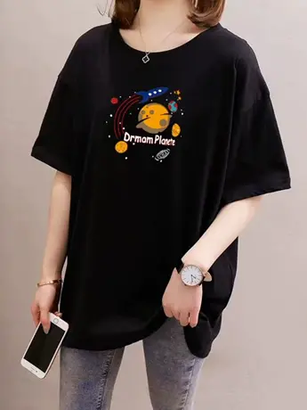 港风chic短袖女t恤夏潮牌小众设计感宽松纯仿体恤正肩圆领上衣服图片