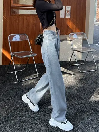 薄款小个子高腰阔腿牛仔裤女2023春秋新款宽松直筒小个子拖地裤潮图片