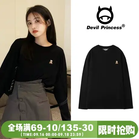 复古港风黑色长袖t恤女宽松小众设计感ins纯棉半袖学院风秋冬上衣商品大图