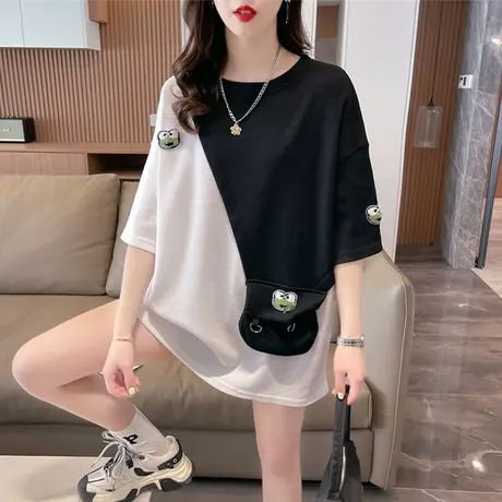设计感小众短袖t恤女夏装韩版宽松大码中长款撞色百搭学生上衣服图片