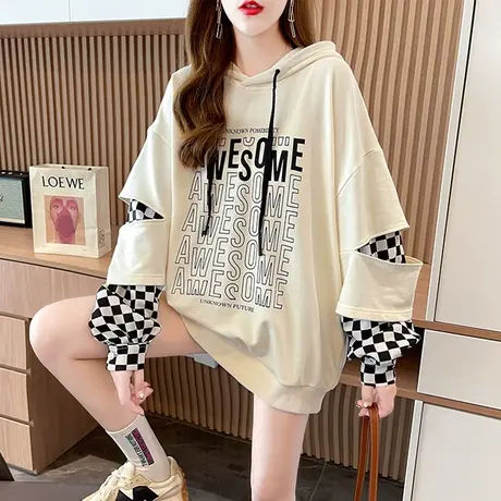 连帽卫衣女春秋季韩版宽松薄款设计感小众小个子假两件上衣外套潮图片