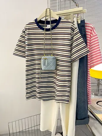 纯棉美式复古条纹短袖t恤女夏季新款宽松设计感小众休闲正肩上衣商品大图