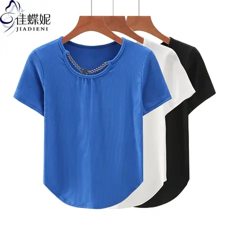 夏季新款韩版圆领项链纯棉修身纯色纯欲燕尾短袖体恤上衣女打底衫商品大图